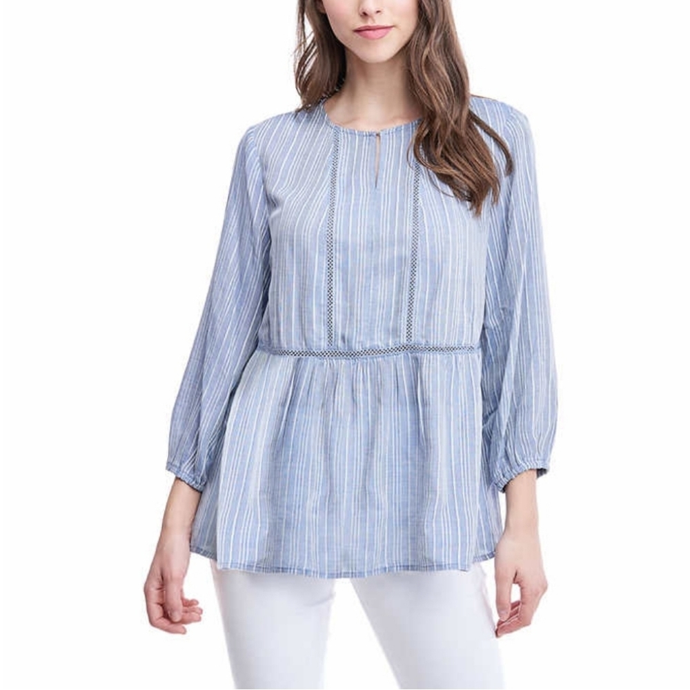 Fever Crochet Trim 3/4 Sleeve Top Blue XL